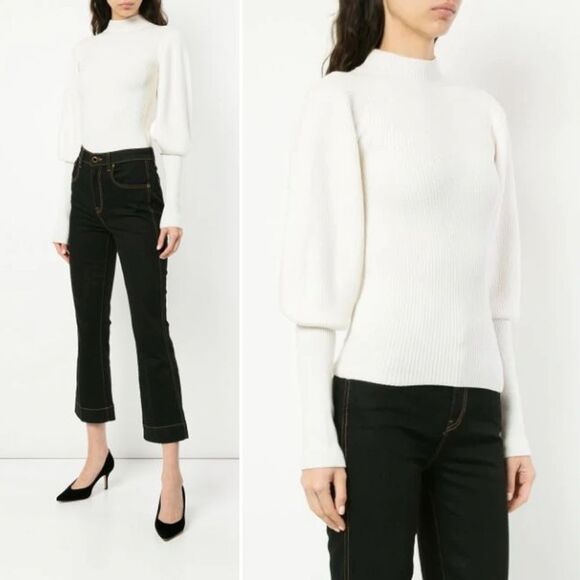 NEW Khaite Martha Ribbed Merino Wool Mock Neck Balloon Sleeve Ivory Sweater XS - Picture 1 of 9